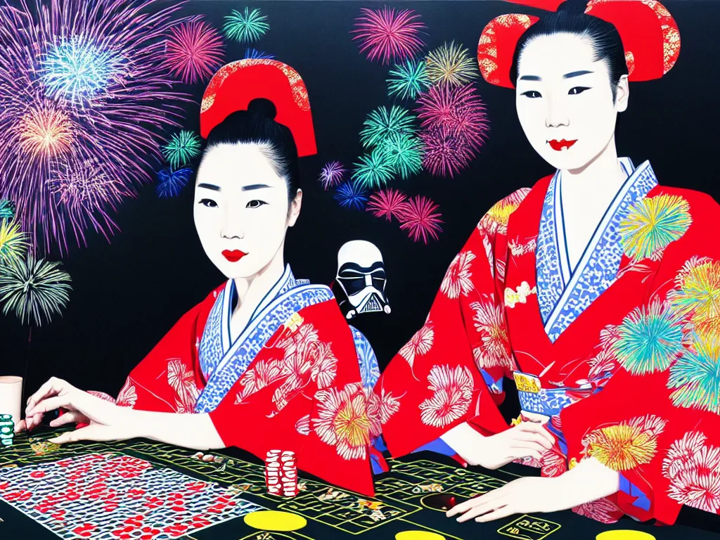 Image similar to hyperrealistic composition of the detailed woman in a japanese kimono sitting at a extremely detailed poker table with detailed darth vader, fireworks, mount fuji on the background, pop - art style, jacky tsai style, andy warhol style, acrylic on canvas