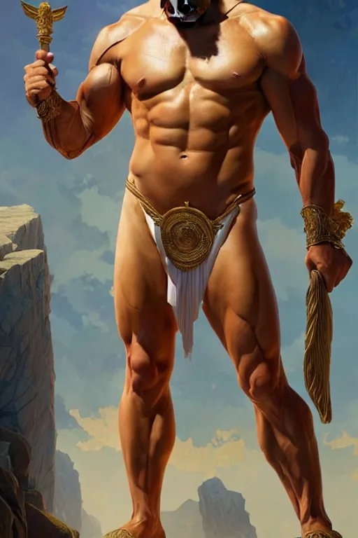 Prompt: Donald Trump as a Greek god, gorgeous, amazing, muscular, fit, very muscular male body, intricate, highly detailed, digital painting, artstation, concept art, sharp focus, illustration, art by greg rutkowski and alphonse mucha
