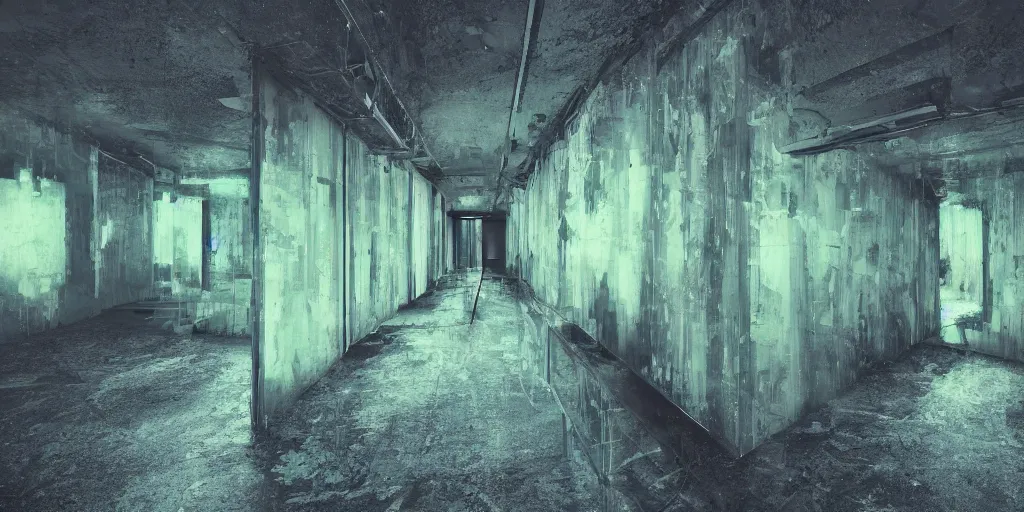 Image similar to noisy color photograph of a liminal space, floating liquid, stretching to walls, horror, dark pits, supernova inside facility, scared faces emerging from darkness, hallways, abstract 3d render, oddly familiar, cinematic, dramatic lighting, intricate detail, soft vintage glow