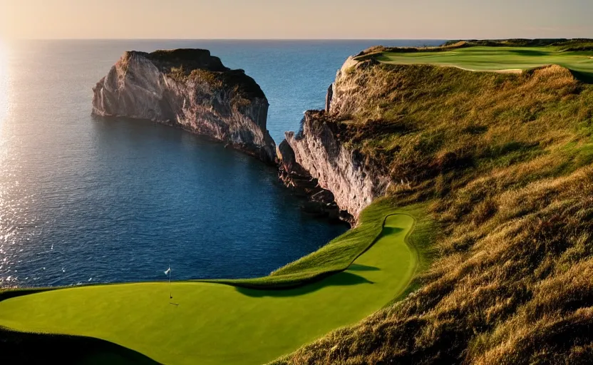 Image similar to a great photograph of the most amazing golf hole in the world, incredible light, cliffs by the sea, perfect green fairway, human perspective, ambient light, 5 0 mm, golf digest, top 1 0 0, fog