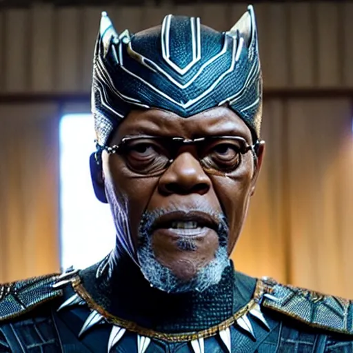 Prompt: film still of Samuel L Jackson as King T-Challa, in new Black Panther film
