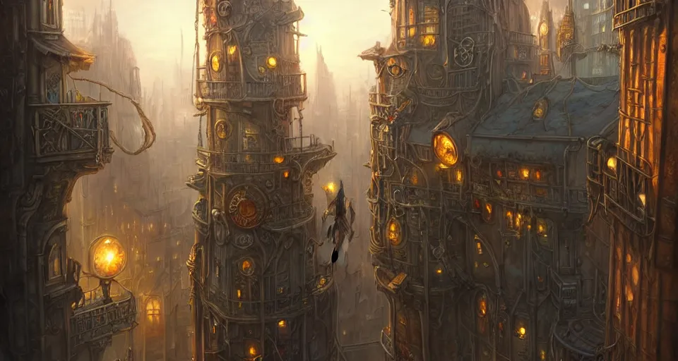 Prompt: landscape painting of fantasy metal steampunk city with walkways and lit windows and a hooded thief in browns leathers climbing one of the tall buildings using a rope, fine details, magali villeneuve, artgerm, rutkowski