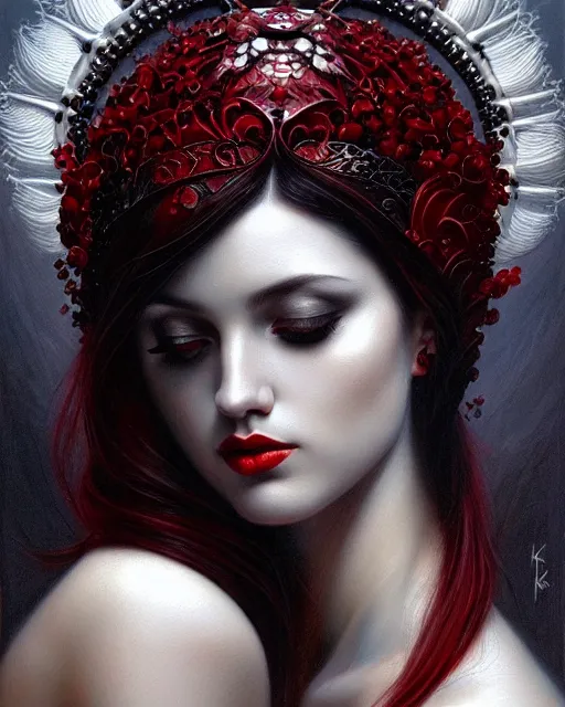 Image similar to portrait of a beautiful goddess, enigmatic beauty, dominant shades of black, silver, dark red, white, head in focus, fantasy art, ornamental aesthetics, intricate, elegant, highly detailed, hyperrealistic, artstation, concept art, soft illumination, painterly, sharp focus, by karol bak