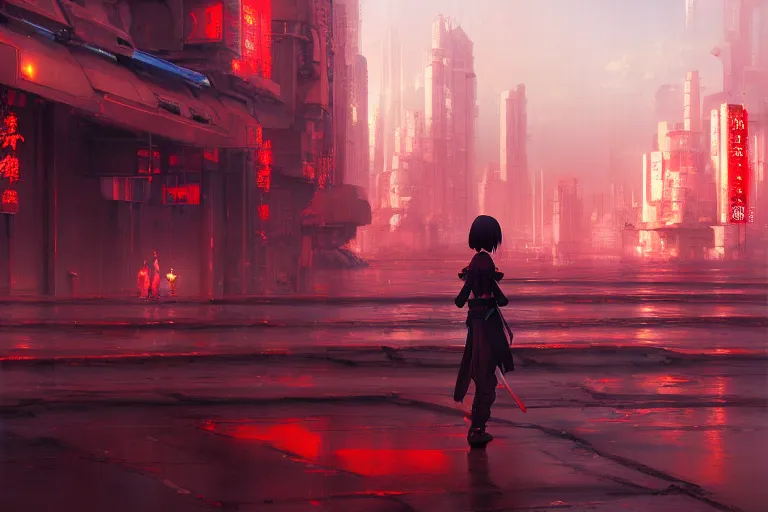 Prompt: baroque oil painting of anime key visual concept art of a samurai girl, red futuristic concrete cityscapes, background chinese futuristic city, trending on artstation, palette knife and brush strokes, oil on canvas, style of makoto shinkai greg rutkowski studio ghibli