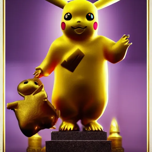 Prompt: a golden statue of Pikachu in a sacred temple, artstation, hyperrealistic, extremely detailed, 8k