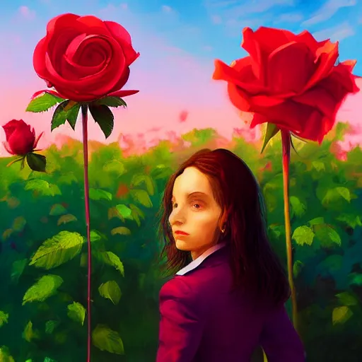 Image similar to closeup, large rose flower head, portrait, girl in a suit, surreal photography, sunrise, blue sky, dramatic light, impressionist painting, digital painting, artstation, simon stalenhag