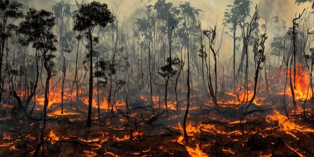 Prompt: War-torn hellscape, jungle, forest fire