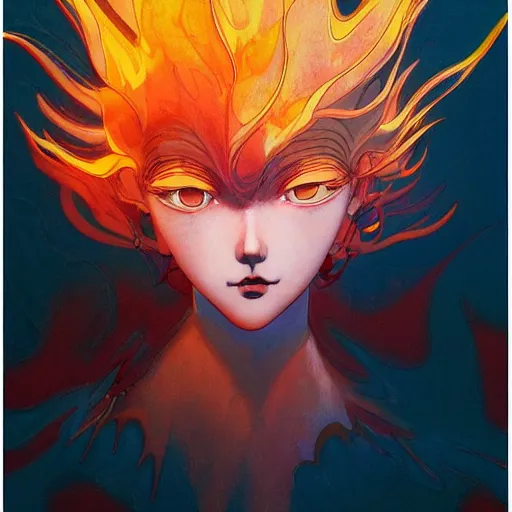 Image similar to prompt : flames portrait soft light painted by james jean and katsuhiro otomo and erik jones, inspired by evangeleon anime, smooth face feature, intricate oil painting, high detail illustration, sharp high detail, manga and anime 1 9 9 9