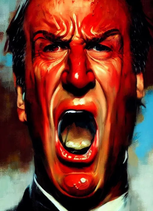 Image similar to saul goodman angry, screaming, red face, spit flying from mouth, stylistic painting by 'phil hale'!!!! high quality hd