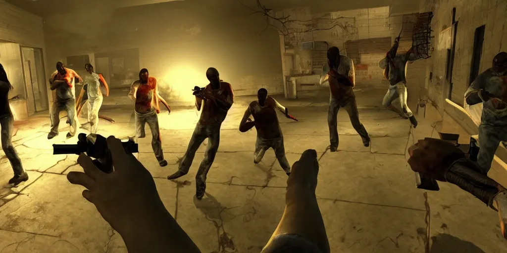 Image similar to still frame from the video game left 4 dead 3, award - winning, stunningly realistic, volumetric lighting, coherent, no artifacts, cinematic, atmospheric, studio quality