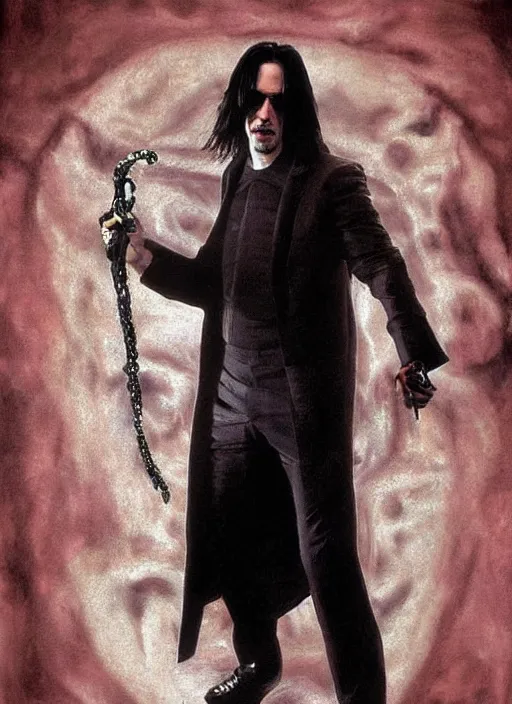 Image similar to keanu reeves neo from matrix 1 as sandman, with fingers and hair turning into smoke, vertigo, shaved, pale skin!, goth, bauhaus, fantasy, intricate, elegant, highly detailed, digital painting, artstation, concept art, wallpaper, smooth, sharp focus, illustration, art by artgerm and greg rutkowski and alphonse mucha