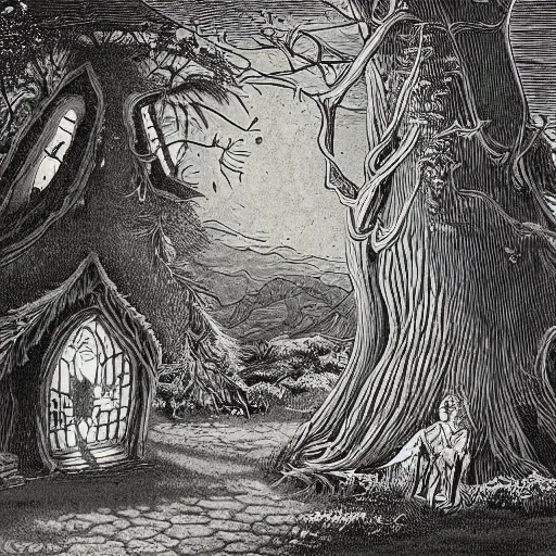 Image similar to 19th century wood-engraving , whole page illustration , art in the style of Terry Moore, a tiny village carved into the side of a tree, inhabited by elves and faeries, the outside lights are bioluminescent mushrooms and fungi intricately detailed