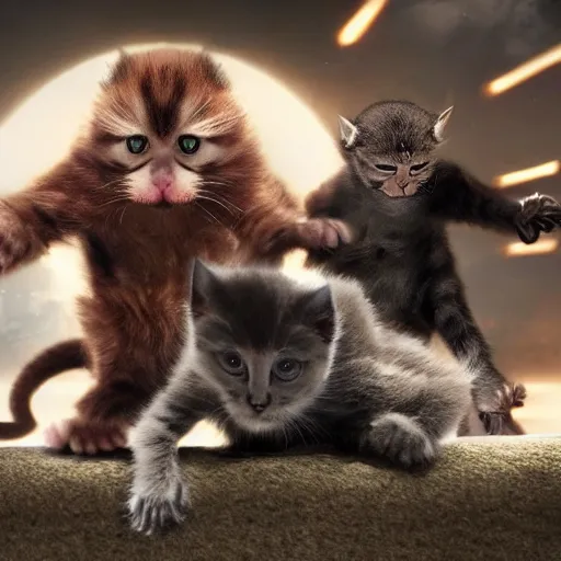 Prompt: a team of kitten superheroes fighting off a hoard of ninja monkeys, ultra realistic, cinematic, 8k, movie still