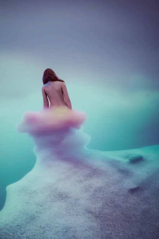 Image similar to high quality pastel coloured film close up wide angle photograph of a model wearing clothing swimming on cloud furniture in a icelandic black rock!! environment in a partially haze filled dreamstate world. three point light, rainbow. photographic production. art directed. pastel colours. volumetric clouds. pastel gradient overlay. waves glitch artefacts. extreme facial clarity. 8 k. filmic.