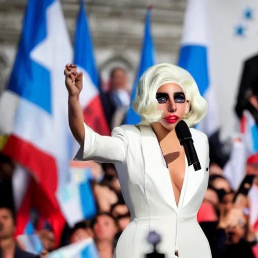 Image similar to Lady Gaga as president, Argentina presidential rally, Argentine flags behind, bokeh, giving a speech, detailed face, Argentina