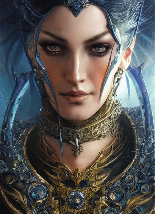 Image similar to a highly detailed painting of a evil female fantasy paladin sorceress with piercing beautiful eyes, art by karol bak and mark brooks and donato giancola and bayard wu, reallusion character creator, depth perception, elegant, intricate