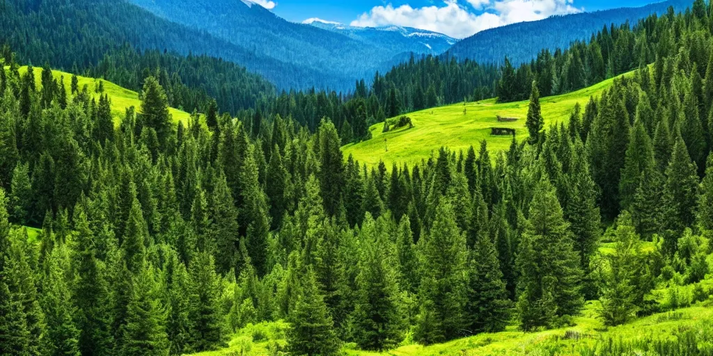 Prompt: Mountain landscape with green hills, sandy road and natural valley. Vector picturesque place background, green fir trees and rocks. Snowy mounts, scenic hills, spring or summer nature, blue sky