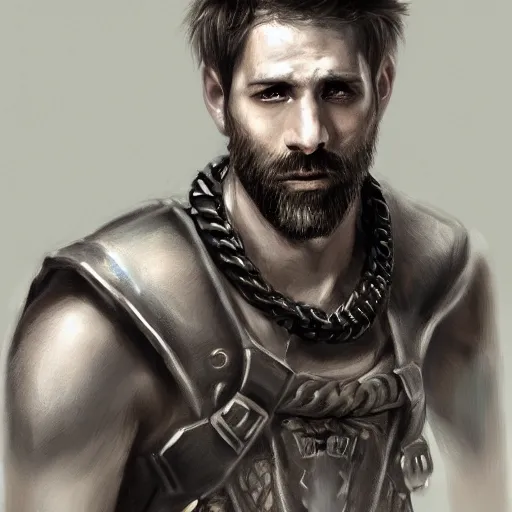 Image similar to realistic portrait, 30 year old man :: athletic, rough, angered :: short black hair, dark taint :: chain mail :: high detail, digital art, RPG, concept art, illustration