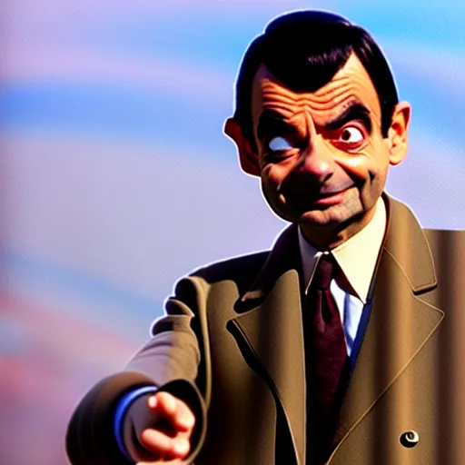 Image similar to mr. bean as one of charlies angels. movie still. cinematic lighting.