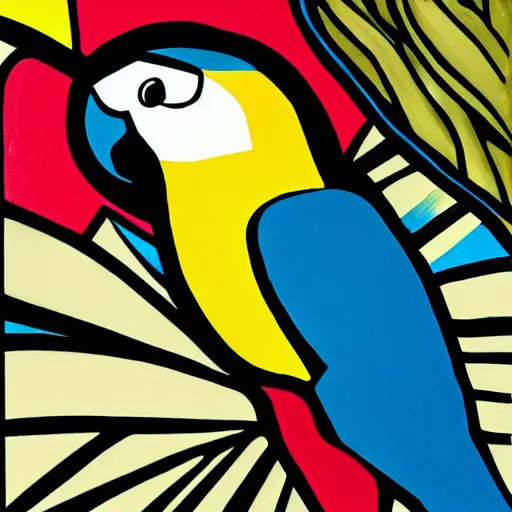 Prompt: a painting of a parrot in the roy lichtenstein style, primary colors and thick black outlines. the painting would be of a single parrot, likely perched on a branch or in a cage. the background of the painting would be a solid color, possibly blue or green.