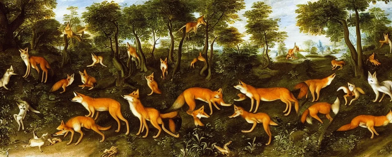 Image similar to A group of foxes and wolves running through the forest, masterwork painting by Jan Brueghel the Elder