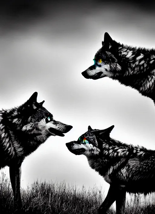 Image similar to two wolves black and white portrait white sky in background