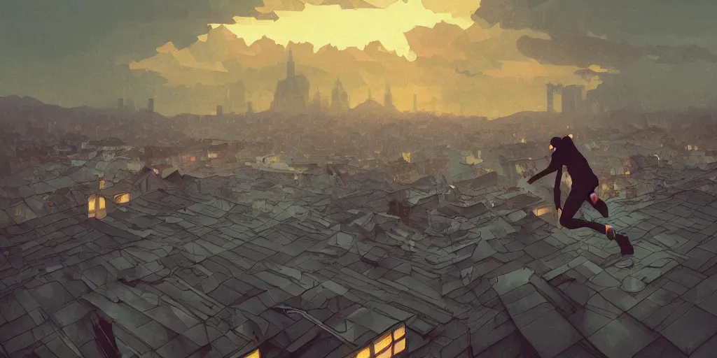 Image similar to sideways landscape photo of person jumping on the roofs, high contrast, moody sunset, late night, detailed low poly characters, by greg rutkowski, alphonse mucha, beeple, sharp focus, digital art, smooth, light refraction, pixiv art, volumetric lighting, makoto shinkai