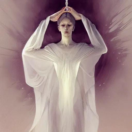 Image similar to portrait of a beautiful ethereal delicate roman catholic bishopress meditative sacral pose catholic stages of the cross, white hair, intricate, elegant, highly detailed, digital painting, artstation, concept art, smooth, sharp focus, illustration, art by krenz cushart and artem demura and alphonse mucha