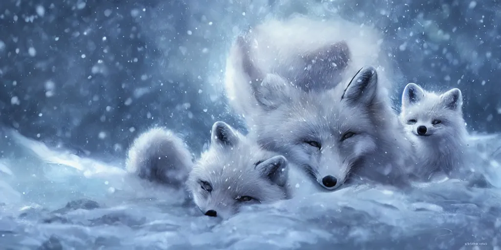 Prompt: arctic foxes playing in the snow, digital art by Ross Tran, highly detailed, trending on artstationhq