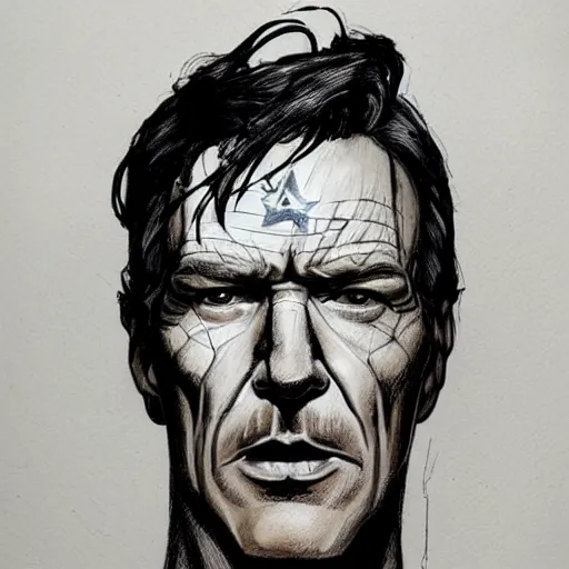 Image similar to beautiful portrait commission of a handsome Bryan Cranston as captain america in a vintage gothic style. black hair. pale skin, black makeup. character design by ralph steadman, detailed, inked, western comic book art