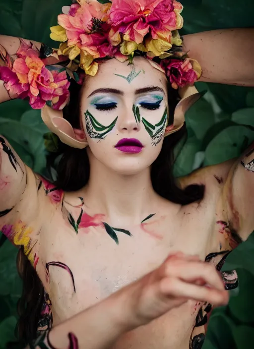 Image similar to a creative portrait of a beautiful female model, beauty shot, floral headpiece, floral painted backdrop, photography, creative makeup, face paint, female character, canon eos r 3, f / 1. 4, iso 2 0 0, 1 / 1 6 0 s, 8 k, raw, unedited, symmetrical balance, in - frame