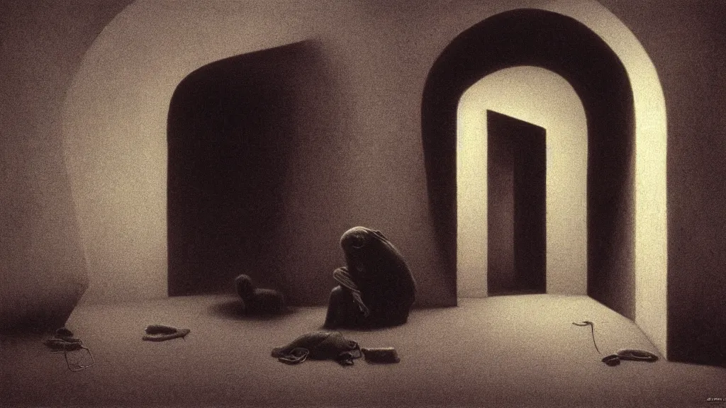 Prompt: trapped in the alone room by Zdzisław Beksiński, IMAX quality, film still, cinematic