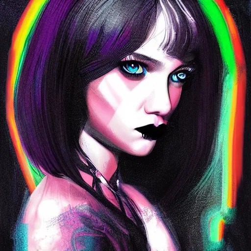 Prompt: high key studio anaglyph lighting headshot portrait of young female goth, directed by Alex Garland and Christopher Nolan, art by Paul Lehr and David Heskin and Mandy Jurgens and Josan Gonzalez, Artgerm, WLOP, Hi-Fructose, suicide girls