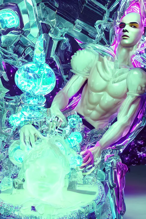 Image similar to photo of fullbody rococo and cyberpunk delicate neon crystalline sculpture of seductive muscular onyx albino marble prince liam payne orange iridescent humanoid deity wearing pink plastic hooded cloak holding an onyx skull in a onyx space dungeon, reclining, glowing yellow face, crown of white diamonds, cinematic lighting, photorealistic, octane render 8 k depth of field 3 d
