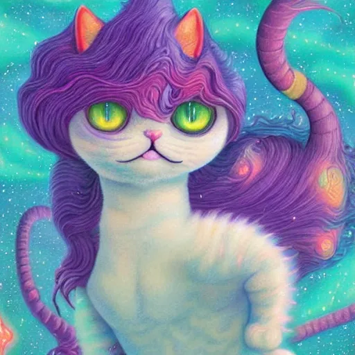 Prompt: cat seahorse shapeshifter, long haired humanoid weirdcore voidpunk fursona, detailed coherent painterly character design digital art by quint buchholz, delphin enjolras, wlop, louis wain, lisa frank, furaffinity, cgsociety, trending on deviantart