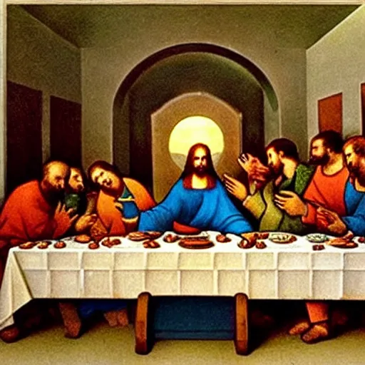 Prompt: a World War II Russian Soviet propaganda poster showing The Last Supper by Leonardo da Vinci