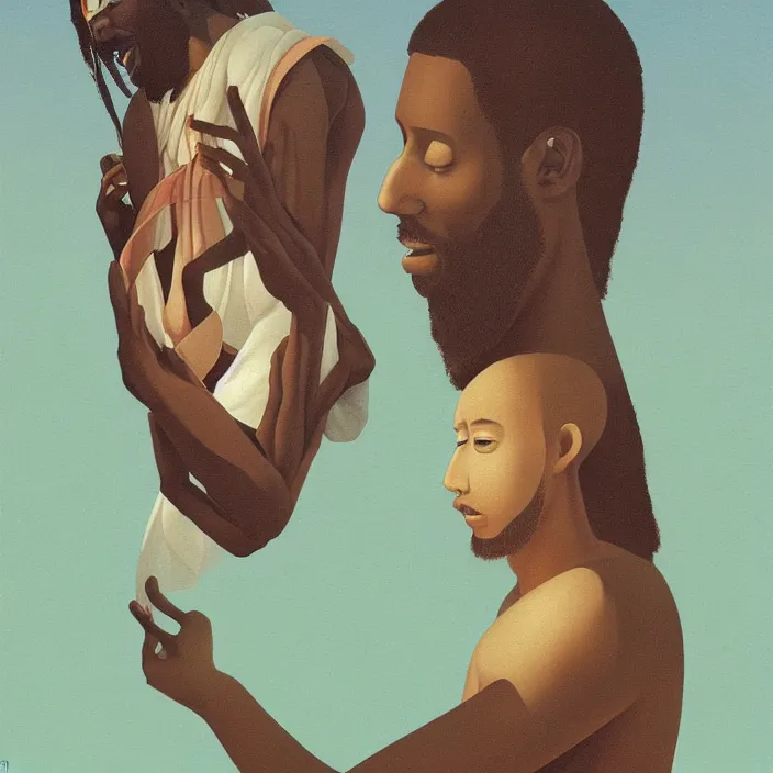 Image similar to a UFO, hovering over an African Jesus, painting by Hsiao-Ron Cheng,