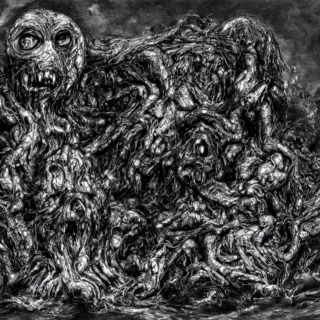 Prompt: a huge monster from dark oily gelatinous substance, with hundreds of faces just below the surface, covered in human eyes, ominous, dark lighting, barely visible from the shadows