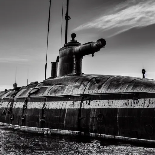 Image similar to Black and White photo of steampunk submarine at dry dock