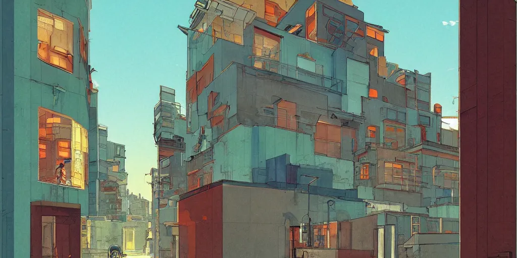 Prompt: neo brutralism, concrete housing, concept art, colorful, 3D, in the style of Akihiko Yoshida and Edward Hopper