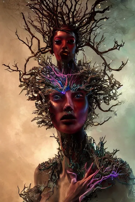 Image similar to torso closeup model wearing exploding fire crystal dress, rotten tree spirit dryad with a beautiful face, sorcerer, diamonds, angel, fantasy, dramatic lighting, highly detailed, digital painting, holding electricity, magic the gathering, hyper detailed, 3 d render, hyper realistic detailed portrait, peter mohrbacher, wlop, ruan jia