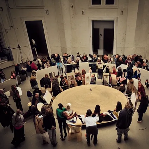 Prompt: A beautiful art installation of a group of people standing around a circular table. In the center of the table is a large, open book. The people in the art installation are looking at the book with interest and appear to be discussing its contents. Tumblr by Gareth Pugh, by Jan Pietersz Saenredam stormy