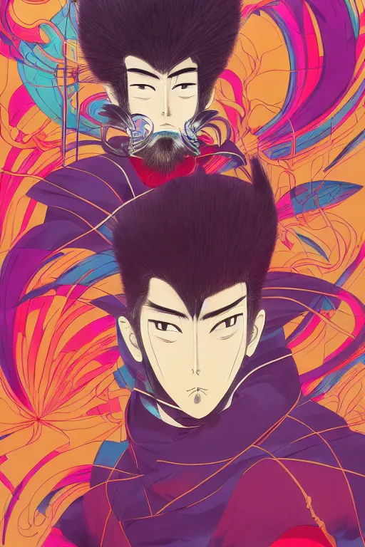 Image similar to abstract portrait of cao cao, 6 0 s anime art, floating detailes, very detailed face, leaves by miyazaki, colorful palette illustration, kenneth blom, mental alchemy, james jean, pablo amaringo, naudline pierre, contemporary art, hyper detailed