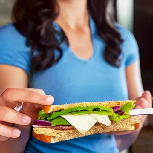 Image similar to A woman is watching her home nanotech fabrication appliance fabricate a sandwich,