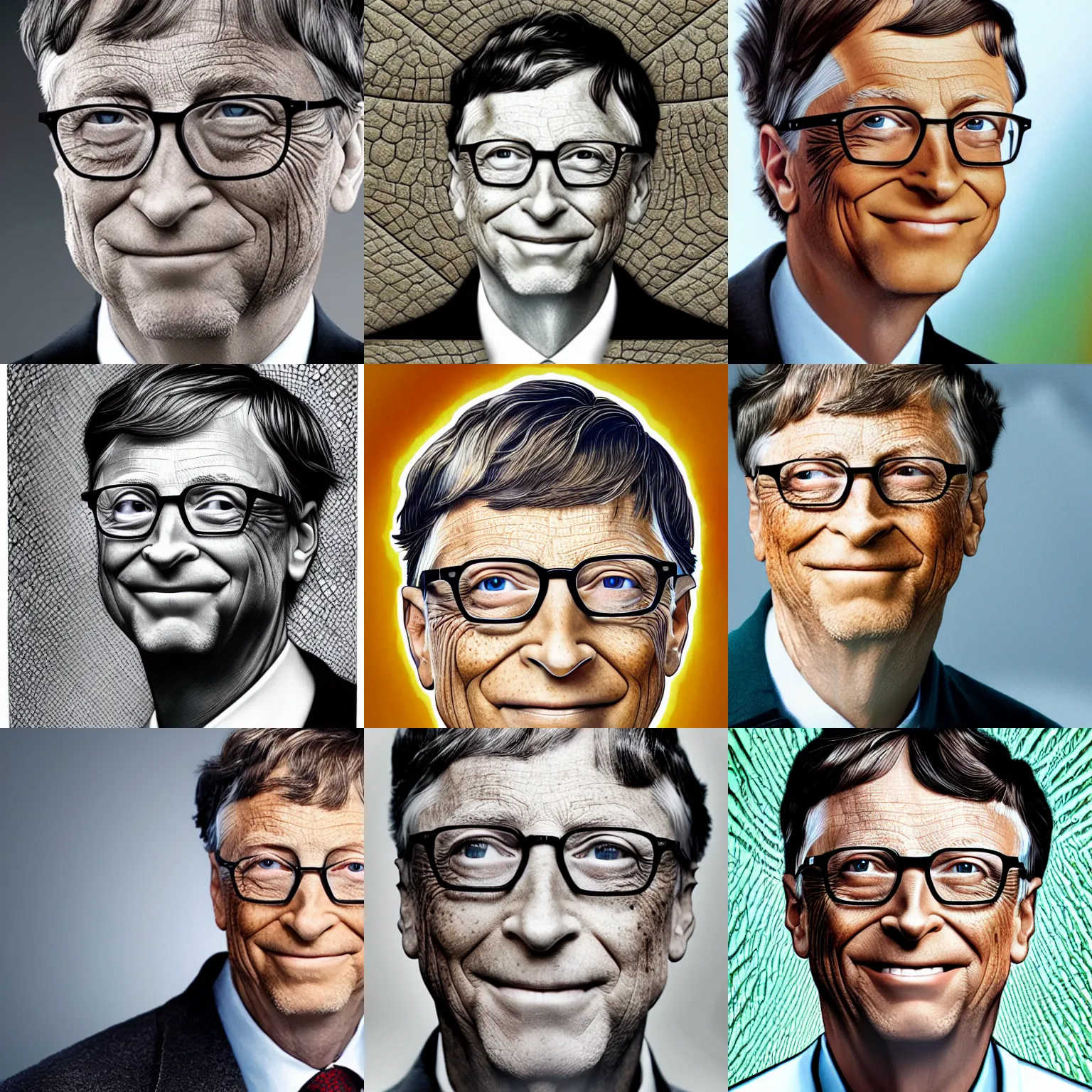 Prompt: a portrait of bill gates with reptile skin structure