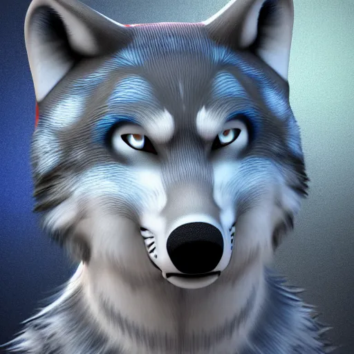 Prompt: 3 d render, well toned, female anthropomorphic wolf, blue fur with white spots, clothed.