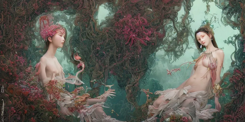 Image similar to breathtaking detailed weird concept art painting of the goddess of flamingo, orthodox saint, with anxious, piercing eyes, ornate background, amalgamation of leaves and flowers, by Hsiao-Ron Cheng and John James Audubon and Miho Hirano, extremely moody lighting, 8K