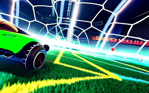 Image similar to rocket league goal, car soccer, ball exploding, dramatic lighting, moody lighting, muted color, 4 k, hq, octane render, dynamic angle, marketing, promotional.