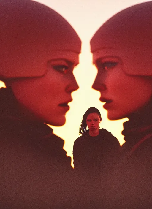 Image similar to cinestill 5 0 d photographic portrait of two loving female androids wearing rugged black techwear on a desolate plain with a red sky, extreme closeup, lizard on ground, cyberpunk style, in front of a brutalist dark metal facility, dust storm, 8 k, hd, high resolution, 3 5 mm, f / 3 2, ultra realistic faces