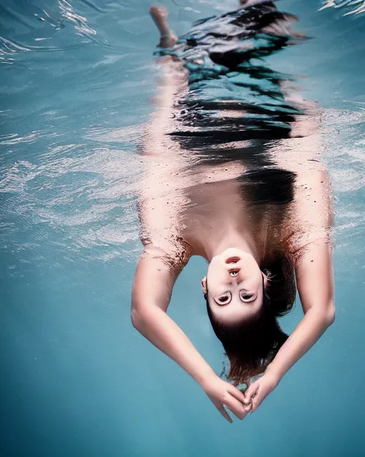 Image similar to a portrait photo of a beautiful young woman floating underwater with reflections, serene and beautiful, dark background, single top lighting